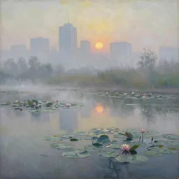 impressionism painting of a pond of water lily on a foggy morning, sun low on horizon through skyscrapers, soft light, misty