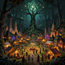 festival in a town, bazar, gypsy camp, yggdrasil growing in a dark forest, ancient city, colorfully, dark mood, detailed illustration, dark climate, digital art, highly saturated colors, overdetailed art, concept art, detailed illustration, hd, 4 k, digital art, greg, dan mumford, rutkowski, wlop, trending on artstation