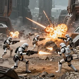 action photography, fast paced, imperial commando troopers traversing through rough terrain, blaster fire, explosions, total chaos, sci fi alien world, 2 d digital, concept art, photoshop, trending on artstation, star wars, hd, 8 k, hyperrealist, groundbreaking, breathtaking, award winning, awe inspiring, octane render, arnold render, unreal engine 5, ultra detailed