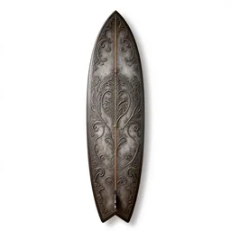 wrought iron surfboard, photorealistic, isolated on a pure white background, centered, entire object in frame, sharp focus, soft studio lighting