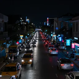 Cyberpunk Traffic, futuristic Phnom-Penh Cambodia, neon dark lighting