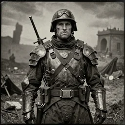 masterpiece elite world war iii propaganda daguerreotype, hyper detailed portrait of a post - apocalyptic soldier with armor, doom, wasteland landscape, screen printing poster art style by roy krenkel, melissa houpert, zdizslaw beksinski, trending on artstation, 8 k, intricate, dramatic lighting, majestic