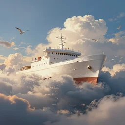 a beautiful digital painting of a white ship merged in the clouds, birds flying in the sunlight, intircated tumultuous clouds, blue sky at sunset, elegant, highly detailed, artstation, concept art, matte, sharp focus, art by tom bagshaw, kelogsloops and greg rutkowski
