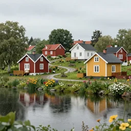 a small village in the countryside on a rainy, reflections  flowers, trees, colourful wooden houses, Scandinavian style, trending on artstation, octane render, highly detailed, 70mm, cinematic, atmospheric, cute