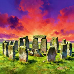 stonehenge, digital art, concept art, magic fantasy, scenic, vibrant colors, high contrast, highly detailed, trending on artstation, 8k, andreas rocha, sylvain sarrailh, darek zabrocki, finnian macmanus, dylan cole, liang mark, albert bierstadt, sung choi, peter mohrbacher, greg rutkowski, studio ghibli