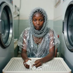 a woman wearing a hood made of wire and plastic, in a laundry mat, color photograph, by kehinde wiley, canon eos c 3 0 0, ƒ 1. 8, 3 5 mm, 8 k, medium - format print