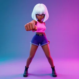 portrait of black anime manga girl, throwing punch pose towards camera, french bob hair, white hair, by gustave dore, vaporwave colors, lofi colors, vaporwave, lofi, goth vibe, 4 k, smooth, hd, substance designer render, full body character concept art, 2 point lighting,