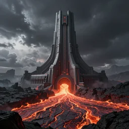 star wars concept art by greg rutkowski, a palatial and imposing grey wide tower emerging from the lava in the middle of a lava rocky landscape, enigmatic atmosphere, beautiful and cinematic lighting, artstation hq.