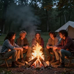 sitting around a campfire, hyper realism