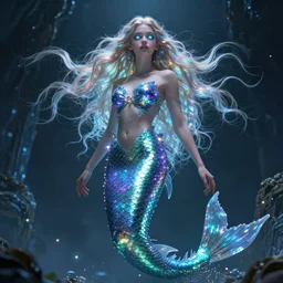beautiful cinematic fantasy poster, a beautiful glistening mermaid wearing a fish scale cocktail dress flowing with flowing illuminated hair, beautiful glowing galaxy eyes, wideshot ultrawide angle epic scale, hybrid from The Elden Ring and art direction by Darius Zawadzki ;by artgerm; wayne reynolds art station; cinematic quality character render; low angle; ultra high quality model; production quality cinema model;