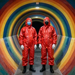 two scientists wearing red hazmat suits designed by rick owens inside rainbow geometric tunnel by frank frazetta
