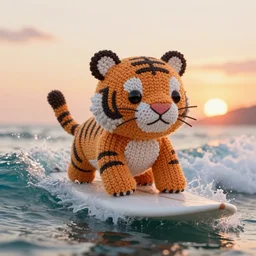 a closeup photorealistic image of a cute knitted tiger hippopotamus riding a large wave during sunset. surf in the background. detailed stitching. professional photography. brightly lit scene. this 4 k hd image is trending on artstation, featured on behance, well - rendered, extra crisp, features intricate detail, epic composition and the style of unreal engine.