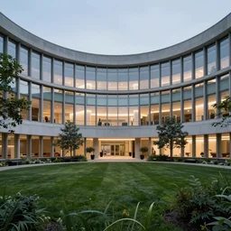 circular building by Sir David Adjaye, inside green park, night vision,