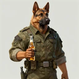 a humanoid german shepherd beast - man in military style, holding a bottle of beer, artstation, concept art, smooth, sharp foccus ilustration, artstation