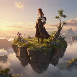 unreal engine render, beautiful women on a floating island, detailed, cinematic, sunset, fantasy, 8 k, trending on artstation