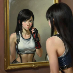 tifa lockhart looking in a mirror, reflection, highly detailed painting by gaston bussiere, craig mullins, j. c. leyendecker 8 k