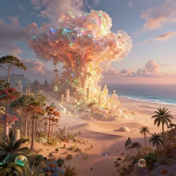 highly detailed holographic iridescent glowing ethereal sci fi world with forests, deserts, oceans, at dusk, by gilbert williams, by simon stalenhag, by beeple, by bruce pennington, by moebius, octane render, with many different pastel shades of red gold pink orange yellow green, volumetric lighting, prismatic clouds