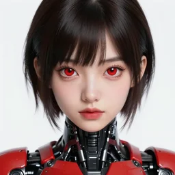 A cyborg girl with big and cute red eyes, fine-face, realistic shaded perfect face, fine details. red and black robotic parts. Realistic shaded lighting poster by Ilya Kuvshinov katsuhiro, magali villeneuve, artgerm, Jeremy Lipkin and Michael Garmash, Rob Rey and Kentarõ Miura style, trending on art station