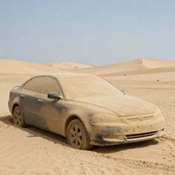 car partially covered by sand
