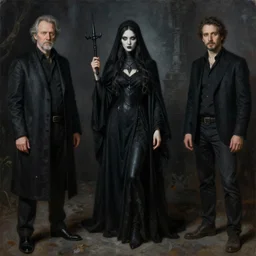 Richard Schmid and Jeremy Lipking and Roberto Ferri full length portrait painting of a young beautiful evil fantasy priestess covered head to toe in black except for face
