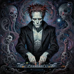 frankenstein dj'ing at the end of world, cosmic horror painting, elegant intricate, by mark brooks and brad kunkle detailed