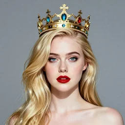 a striking hyper real illustration of Elle Fanning with a crown by Yoji Shinkawa