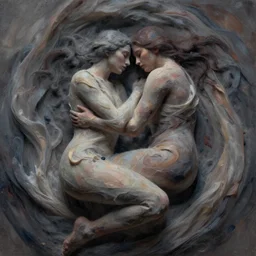 bodies made of swirling fabric, two human bodies cuddling