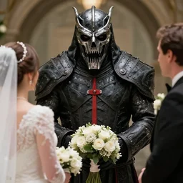 doom guy wedding ceremony with his wife epic picture hyper realistic details symmetric composition beautiful lighting 4 k close up vibrant colors vincent di fate, john berkey, michael whelan
