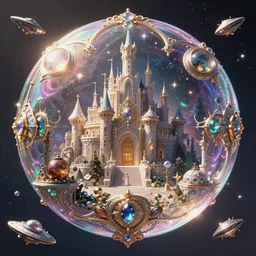 soap bubble mind, symetrical highly detailed ornate with jewels and precious metals futuristic, sandman kingdom, castle kingdom of dreams, space ships, hiperrealistc, global illumination, radiant light, cosmic detailed and intricate environment. art by andreas achenbach
