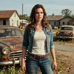 fallout 5, charismatic brunette female protagonist, portrait, outdoors scene, somewhere in a low density rural town, retro rusted cars, atmospheric lighting, painted, intricate, volumetric lighting, beautiful, daytime, sunny weather, sharp focus, slightly desaturated, ultra detailed, by leesha hannigan, ross tran, thierry doizon, kai carpenter, ignacio fernandez rios