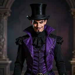 portrait, a puerto rican man wearing purple and black ringmaster attire, nefarious smirk, slender body type, young adult in his early 3 0 s, black hair, medieval, black top hat, pencil - thin goatee, villain, style by donato giancola, wayne reynolds, jeff easley dramatic light, high detail, cinematic lighting, artstation, dungeons and dragons