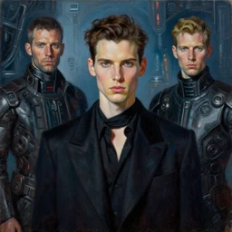 portrait of a handsome man dressed in clothes by yohji yamamoto, head shoot fashion photobook, art by alex heywood and rembrandt, albert lynch, futuristic fashion, scifi, reimagined by industrial light and magic, oil on canvas, hd