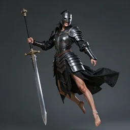 female vampire warrior, full body portrait, sharp teeth, grinning, muscular, flying, modest outfit, barefoot, foot wraps, polished toenails, black full plate armor, historical armor, realistic armor, metal mask, holding a monstrous zweihander, ghostblade, wlop, asian fantasy.