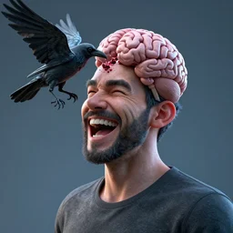 portrait of man who's laughing hysterically while his brain is being eaten by a crow, cold lighting, photorealistic rendering, ray tracing, blender 3 d