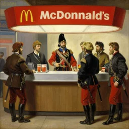detailed painting of an ottoman janissary working the front counter of mcdonald's ready to take your order by rudolf ernst, john frederick lewis, jean - leon gerome, rudolf weisse, david roberts, charles theodore frere, alfred dehodencq, orientalism