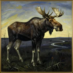 artist salvador dali the elephants style surrealist painting of a tall dark moose in a dark creepy bog