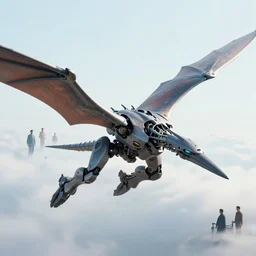 flying pterodactyl in a cyborg mech suit with large wings, by alexandre ferra, zezhou chen, peter gric, mohamed reda and hr giger, hyper detailed line art, screen print, character concept art, realistic, coherent, octane render, zbrush central, behance hd, hypermaximalist