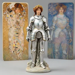 claudia schaeffer as a fantasy female knight figurine in a light armor, soft transitions, mixed media, in the art style of alphonse mucha and claude monet and gustav klimt
