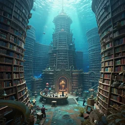 fantasy underwater library, insanely detailed. instagram photo, kodak portra. by wlop, ilya kuvshinov, krenz cushart, greg rutkowski, pixiv. zbrush sculpt, octane, maya, houdini, vfx. huge cityscape. cinematic dramatic atmosphere, sharp focus, volumetric lighting