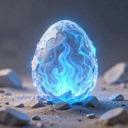 a magical egg emitting frosty blue fire, stone and sand all around, peter morbacher style, anti - aliasing, fxaa, sharpen, sfx, ssao, de - noise, cinematic lighting, beautiful lighting, studio lighting, ultra realistic, max quality, epic 7 0 mm lens shot, photorealism, ray tracing global illumination, sharp focus, shadows, shaders, establishing shot,