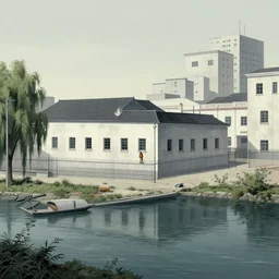 a chinese prison by a river, in the style of junji ito, parts by edward hopper, parts by rodchenko, parts by yue minjun, parts by peter doig, intricate and epic composition, 4 k, very detailed, insanely quality, line brush, highly detailed, masterpiece, overlaid with chinese adverts