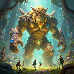 zelda fantasy art giant golem elemental wood rock greeble gemstone enchanted forest troll, global illumination ray tracing hdr fanart arstation by sung choi and eric pfeiffer and gabriel garza and casper konefal bastion forged hardmesh lisa frank zbrush central radiating a glowing aura global illumination ray tracing hdr