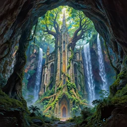 castle, cyber-futurist gothic architecture, inside an enormous vast cave, huge trees, vines, waterfall, style of Ted Nasmith, style of Daniel Merriam, magical, sublime, realistic, dramatic, establishing shot, cinematic lighting, HDR, bold vivid colors
