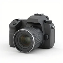 low-poly dslr camera, 8k product photo, isolated on a pure white background, centered, entire object in frame, sharp focus, soft studio lighting