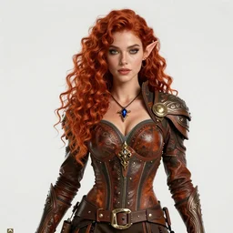 ranger, fantasy ornate leather outfit!!! beautiful and athletic red curly hair female elf!! gorgeous face and eyes!! character concept art, sharp focus, octane render! unreal engine 5! highly rendered!! trending on artstation!! detailed linework!! illustration by artgerm, wlop, and chie yoshii