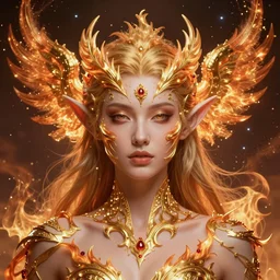 a beautiful woman elf, vfx portrait, pheonix fiery, cosmic, symetric visage, golden ratio, intricate, octane render, 8 k. - n 4
