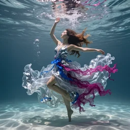 large swirling silver translucent shapes behind a beautiful woman with long hair dancing underwater wearing a very long dress made of many translucent layers of silver and blue and magenta lace seaweed flowing in a swift current, caustics lighting from above shines her dress and on the sandy bottom, bubbles flicker, octane render, cinematic, hyperdetailed