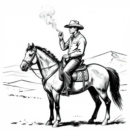 Cowboy sitting on a horse rolling a cigarette, beautiful line art, desert SW in background, ink illustration, pure b&w