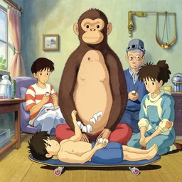 🐒😺❤🩹🫂🦠🦷🤝🛀🧘🧑🦼, by rembrandt and mœbius and thomas kinkade and greg rutkowski and hayao miyazaki and akira toriyama and ilya kuvshinov