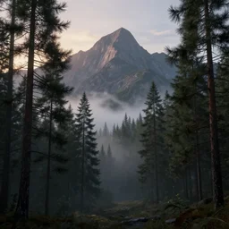 deep forest of foggy pine trees, majestic landscape, dusk, very detailed, octane render, realistic, 8 k, unreal engine 5, dramatic, volumetric, mountain, morning, greg rutkowski